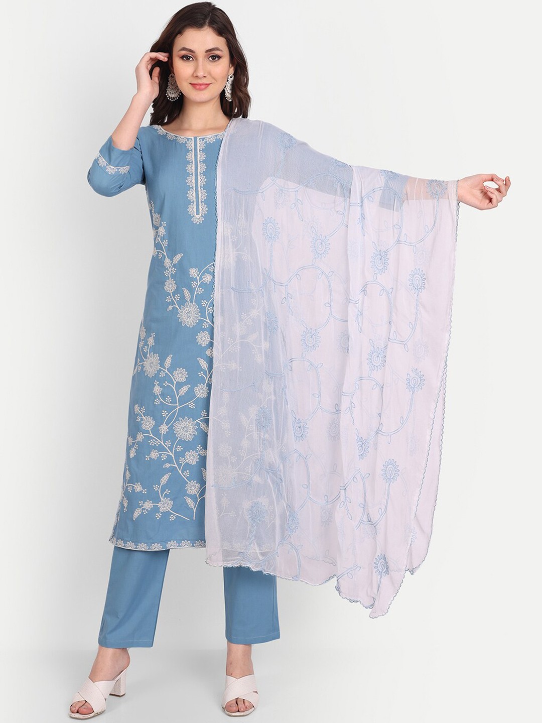 

Mclothings Women Floral Thread Work Pure Cotton Kurta with Trousers & Dupatta, Blue