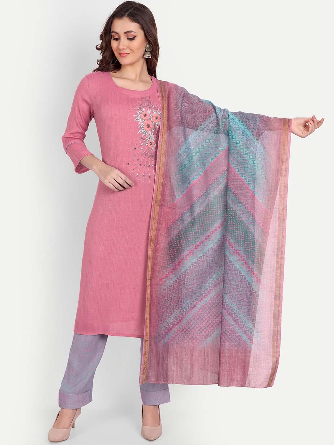 

Mclothings Women Floral Embroidered Beads and Stones Kurta with Trousers & Dupatta, Pink