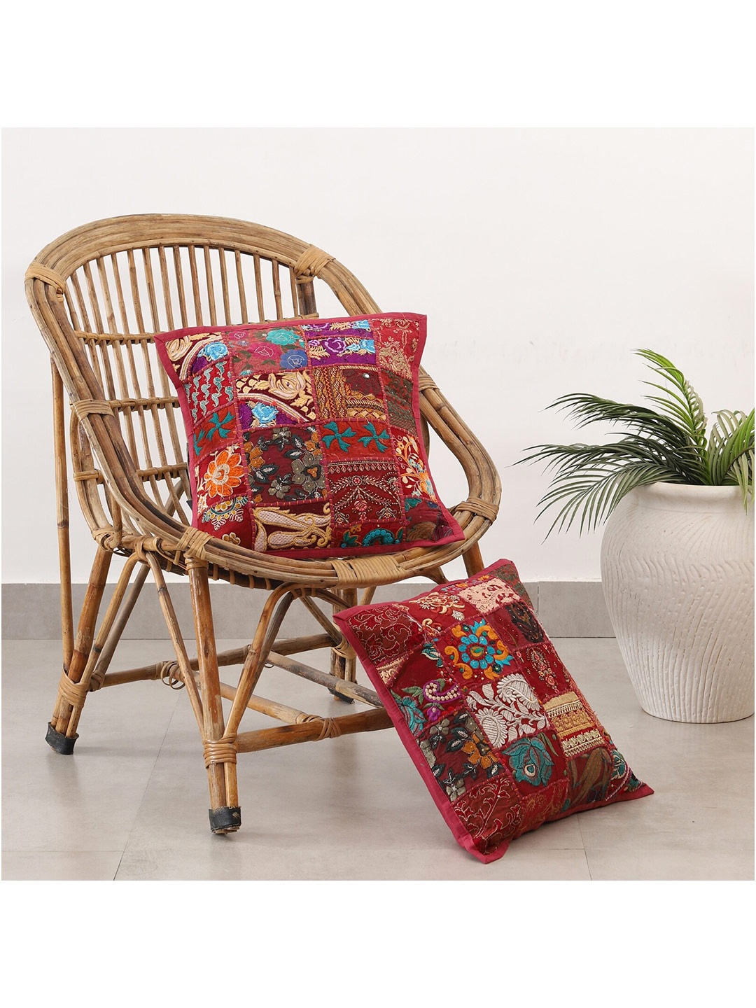 

HANDICRAFT PALACE Maroon & White Set of 2 Embroidered Cotton Square Cushion Covers