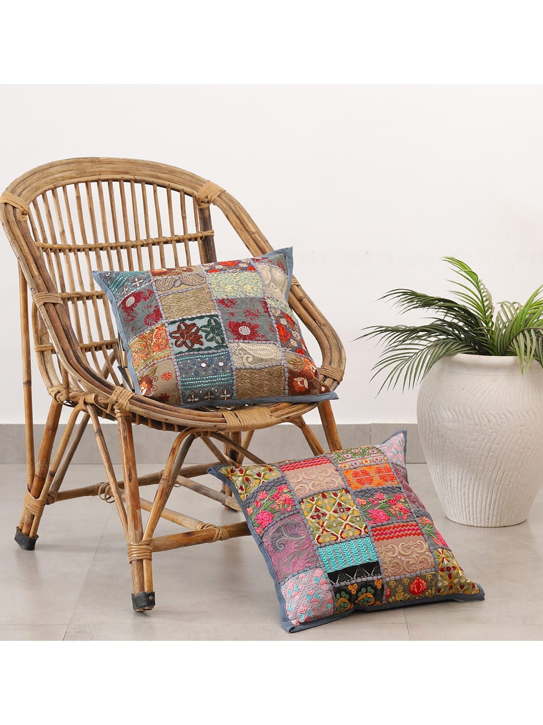 

HANDICRAFT PALACE Grey & Pink Set of 2 Embroidered Cotton Square Cushion Covers
