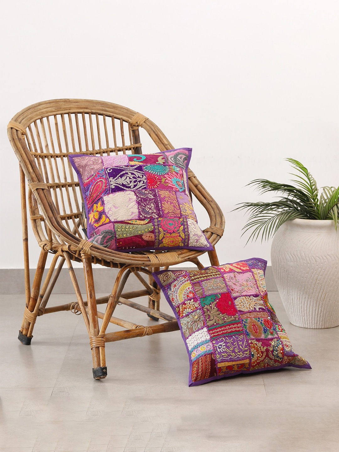 

HANDICRAFT PALACE Purple & Red Set of 2 Embroidered Cotton Square Cushion Covers