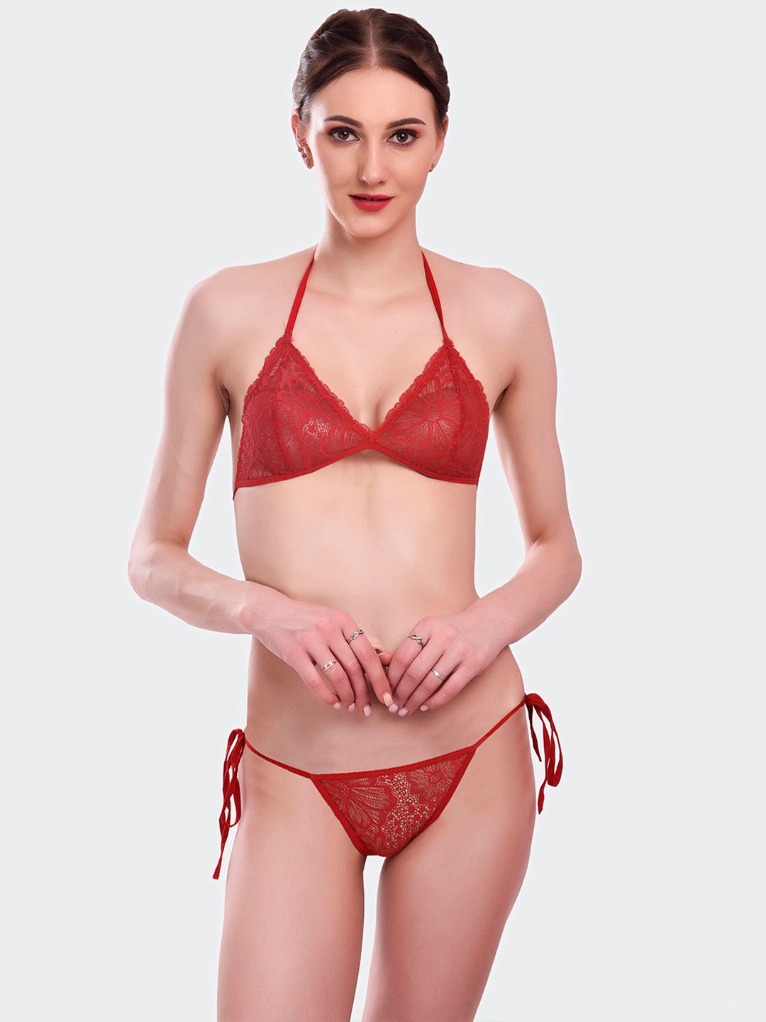 

Fleurt Self Design Bikini Lingerie Set, Red