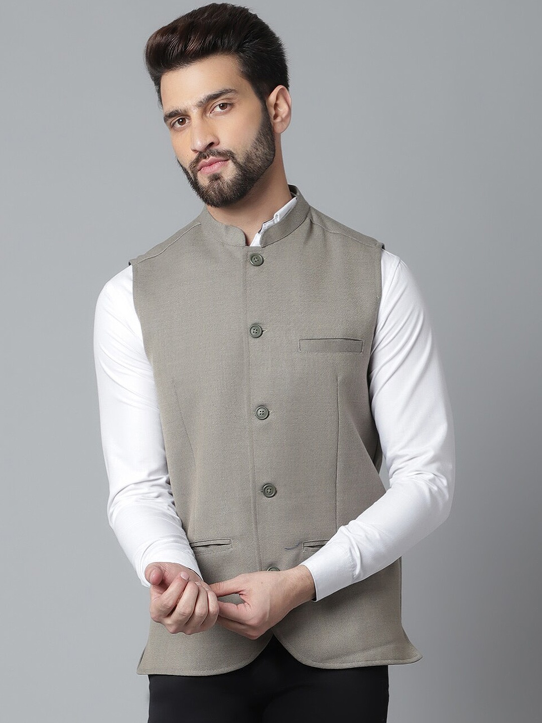

even Men Woven Design Nehru Jacket, Cream