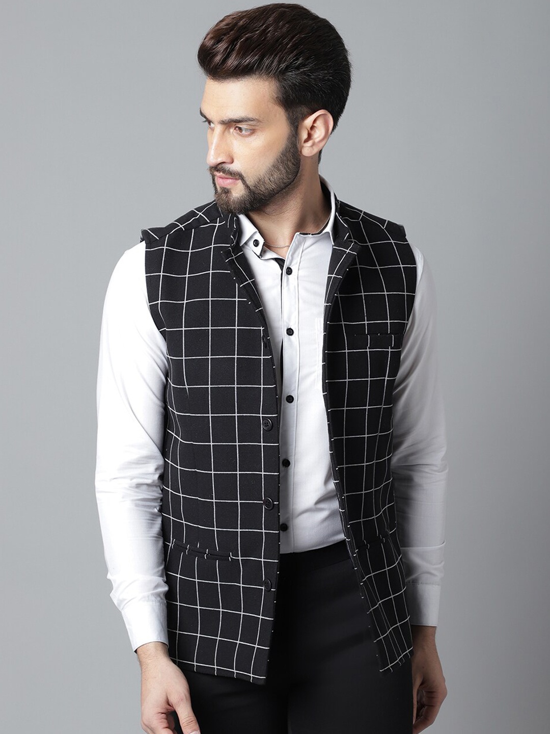 

even Men Checked Woven Nehru Jacket, Black