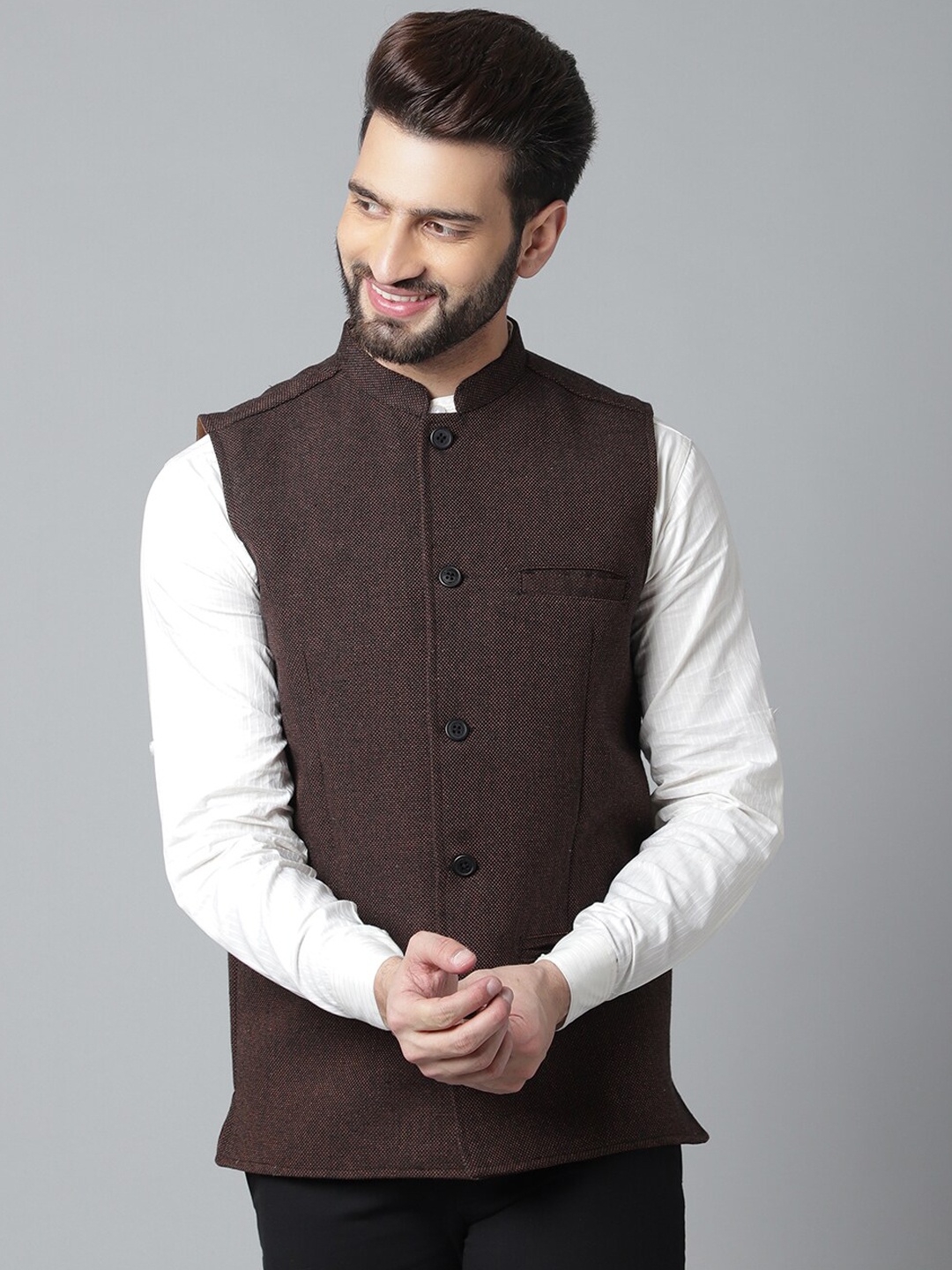

even Men Woven Nehru Jackets, Brown