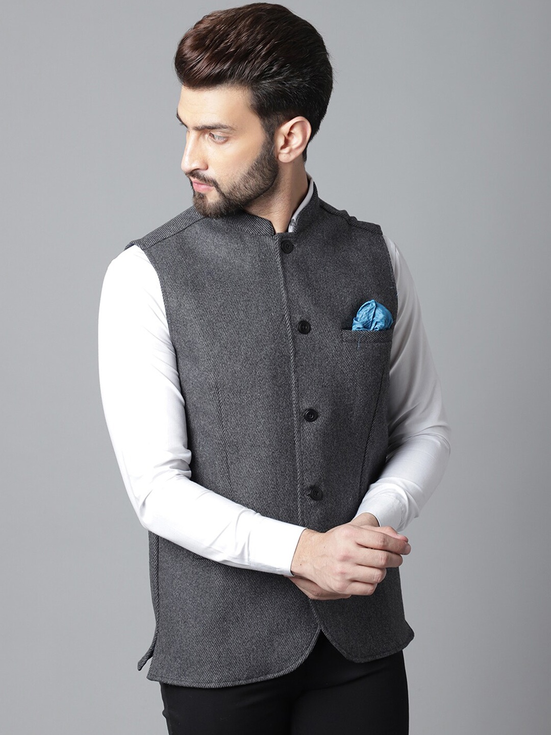 

even Men Woven Design Pure Wool Nehru Jackets, Grey