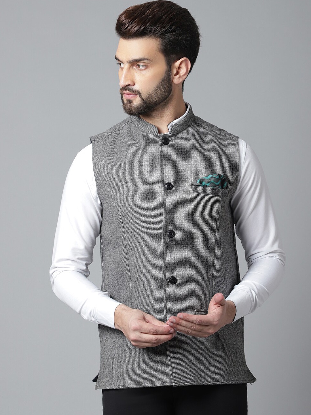 

even Men Woven Designed Wool Nehru Jackets, Grey