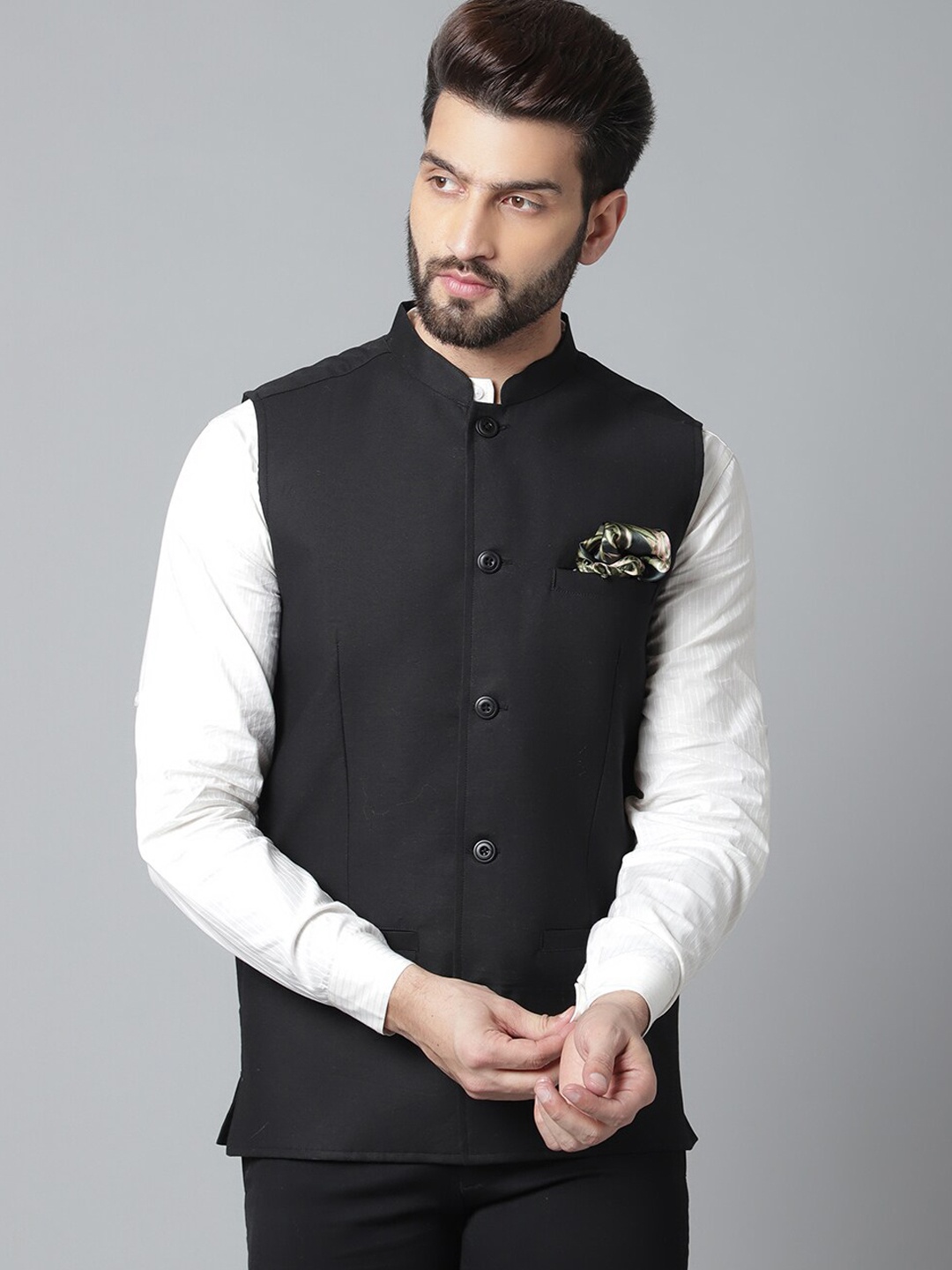 

even Men Linen Woven Nehru Jacket, Black