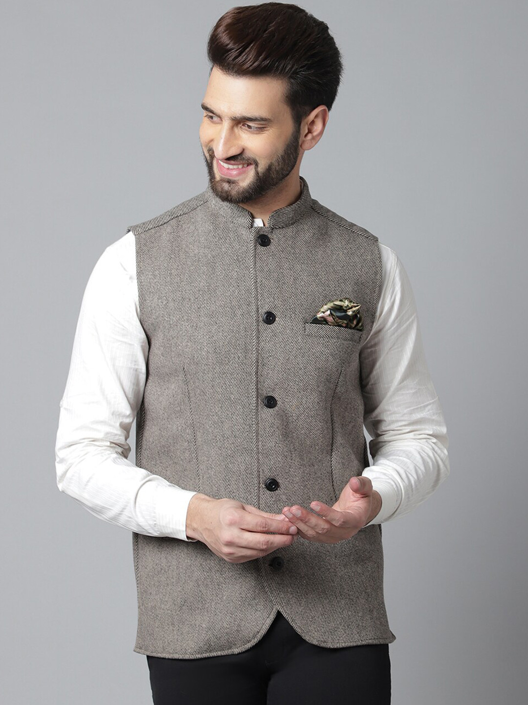 

even Men Woven Design Wool Nehru Jackets, Cream