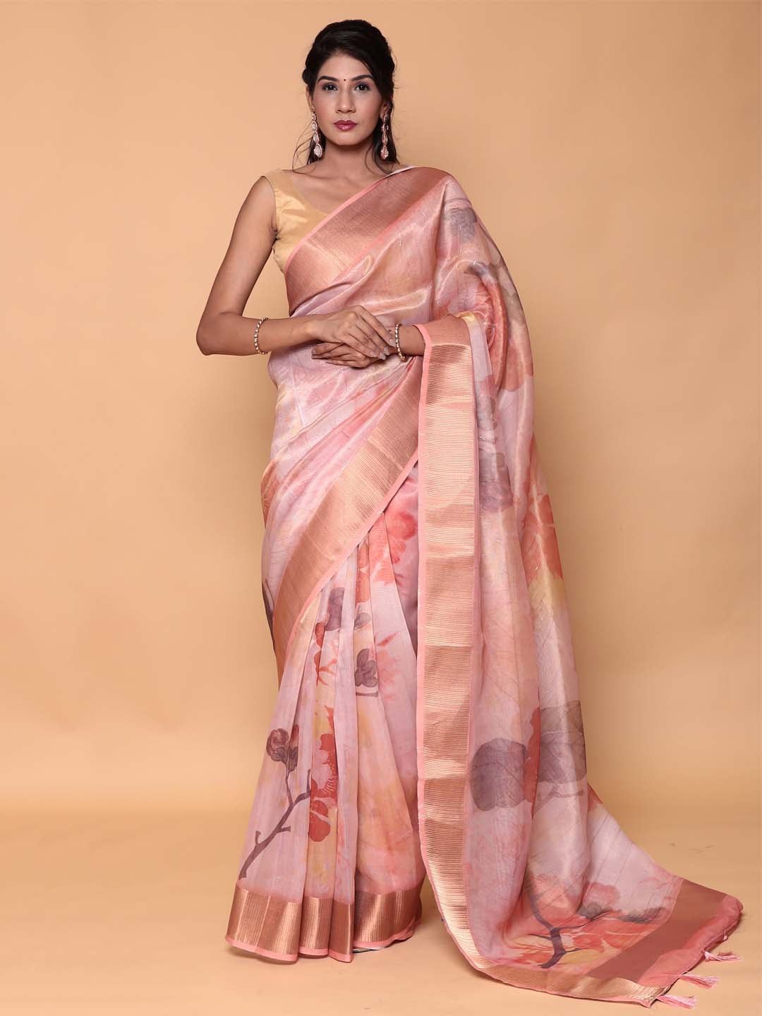 

ZARI Floral Organza Saree, Peach