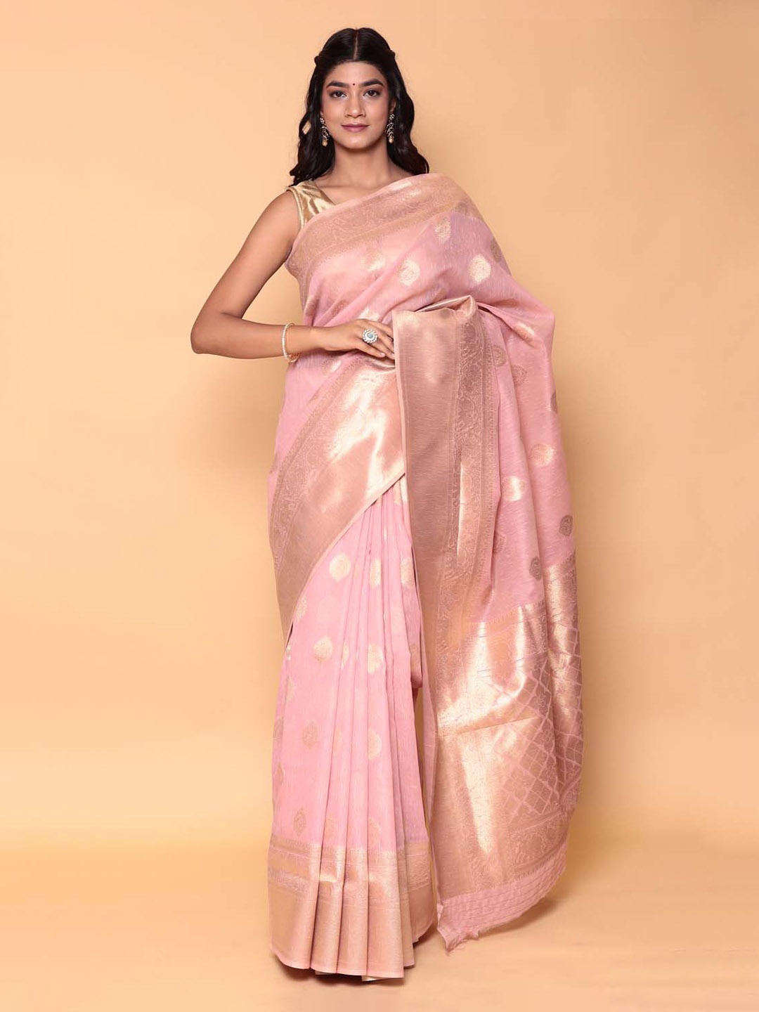 

ZARI Printed Woven Design Zari Pure Linen Saree, Pink