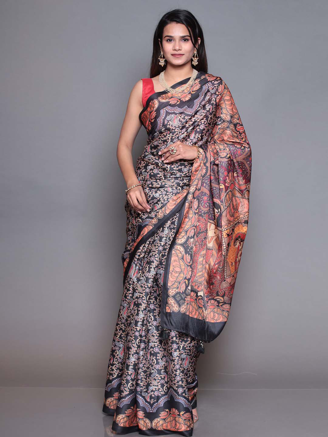

ZARI Printed Floral Satin Tussar Saree, Black