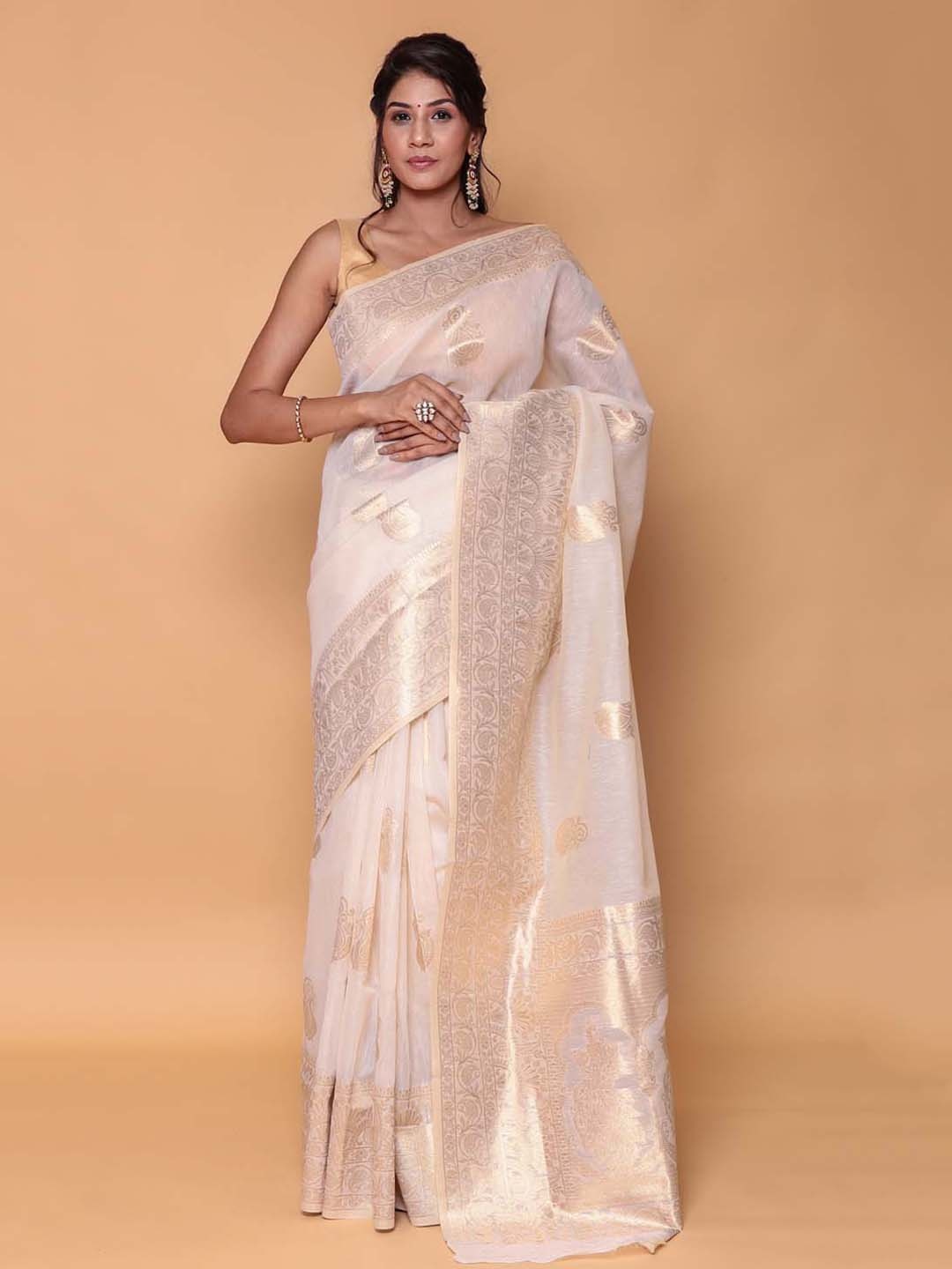 

ZARI Printed Woven Design Zari Pure Linen Saree, Cream