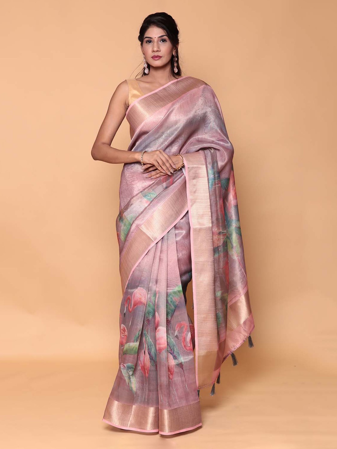 

ZARI Floral Woven Design Zari Saree, Purple