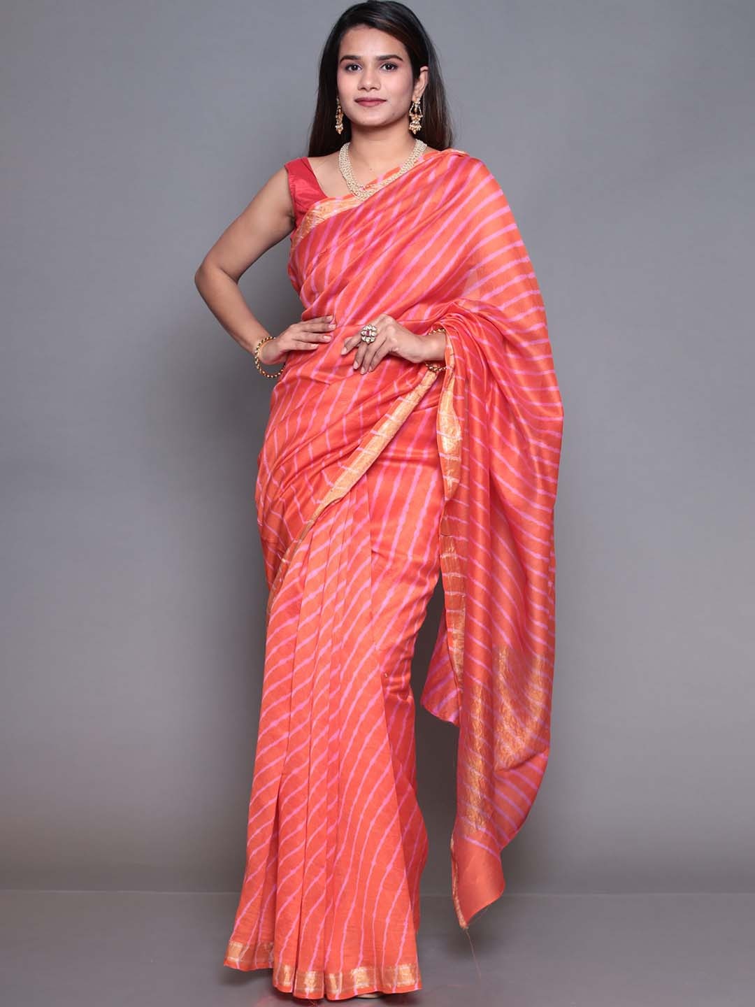 

ZARI Leheriya Printed Zari Pure Silk Chanderi Saree, Peach