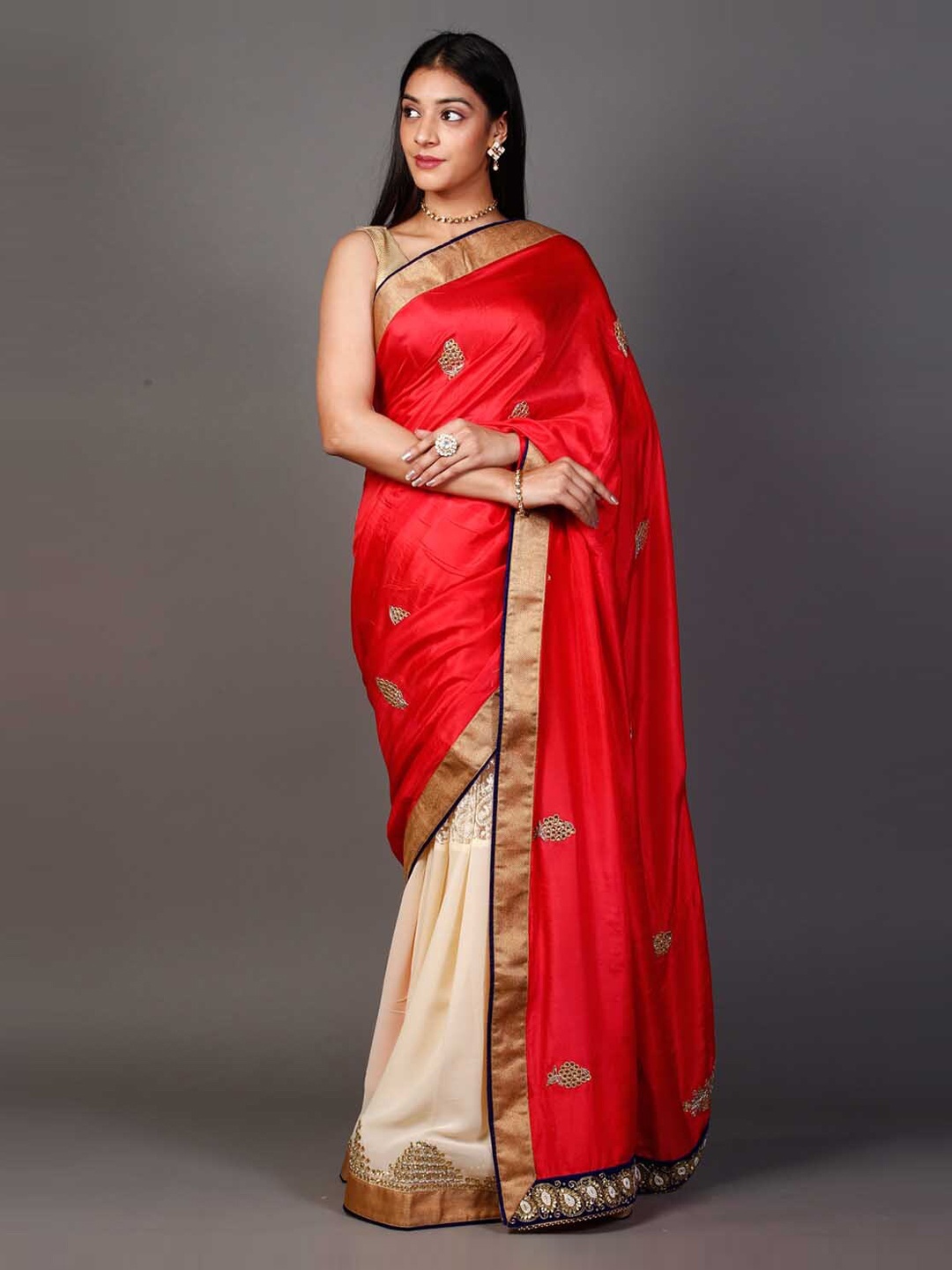 

ZARI Ethnic Motifs Mirror Work Pure Georgette Saree, Red