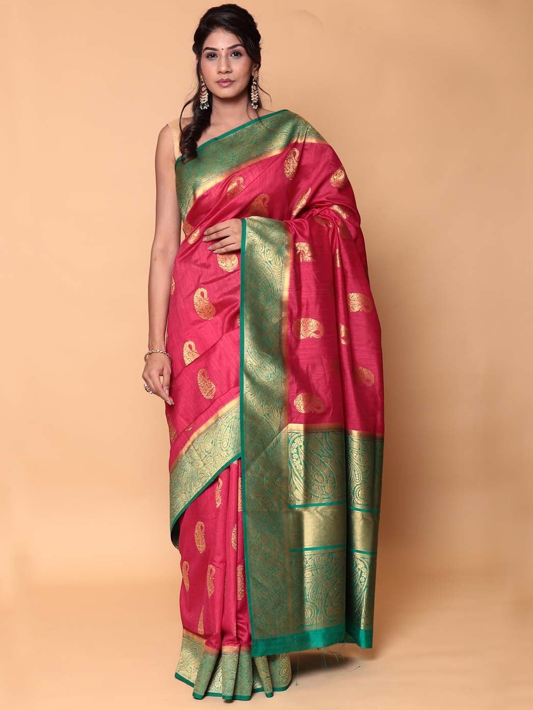 

ZARI Ethnic Motifs Pure Silk Saree, Pink