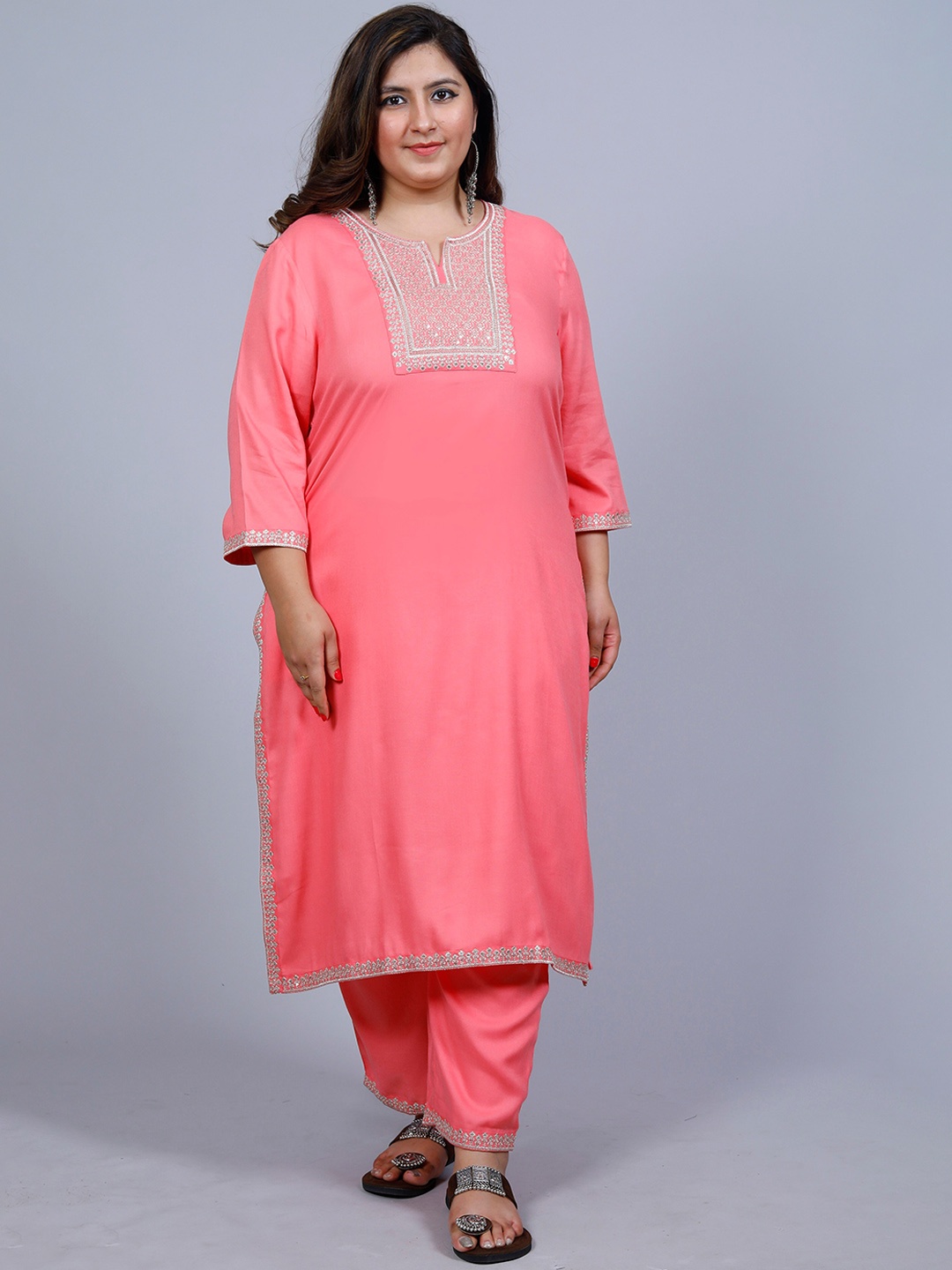 

PNEHA Women Plus Size Sequinned Regular Notch Neck Kurta with Trousers, Pink