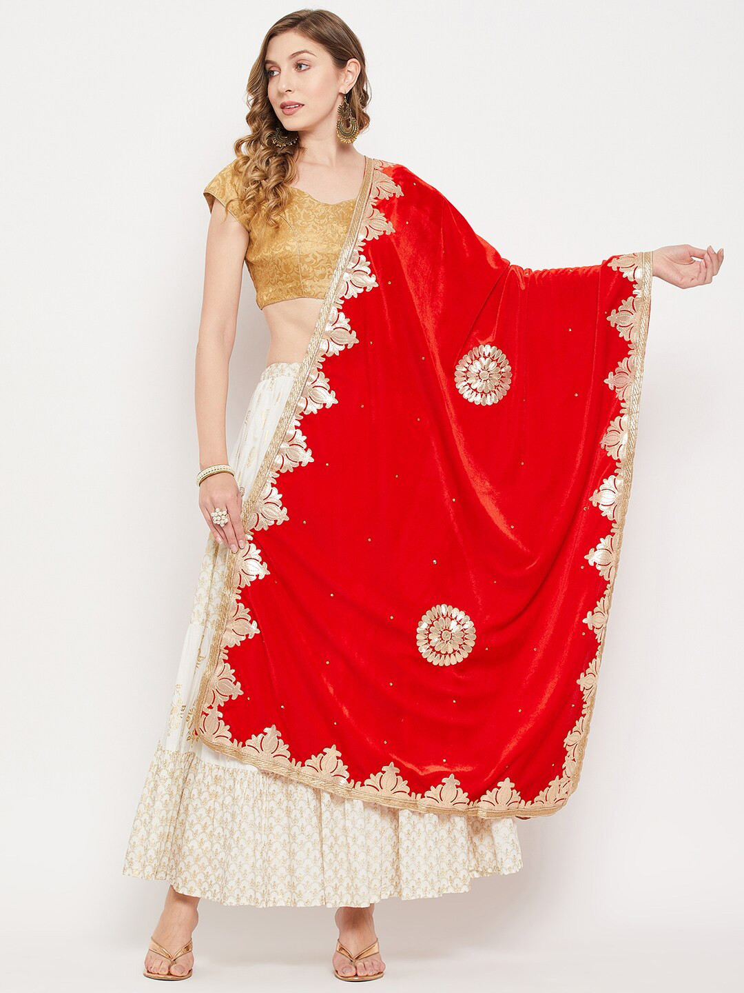 

Clora Creation Embroidered Velvet Dupatta with Gotta Patti, Red