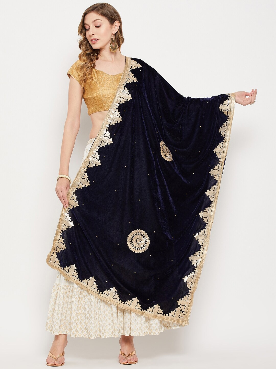 

Clora Creation Embroidered Velvet Dupatta with Gotta Patti, Navy blue