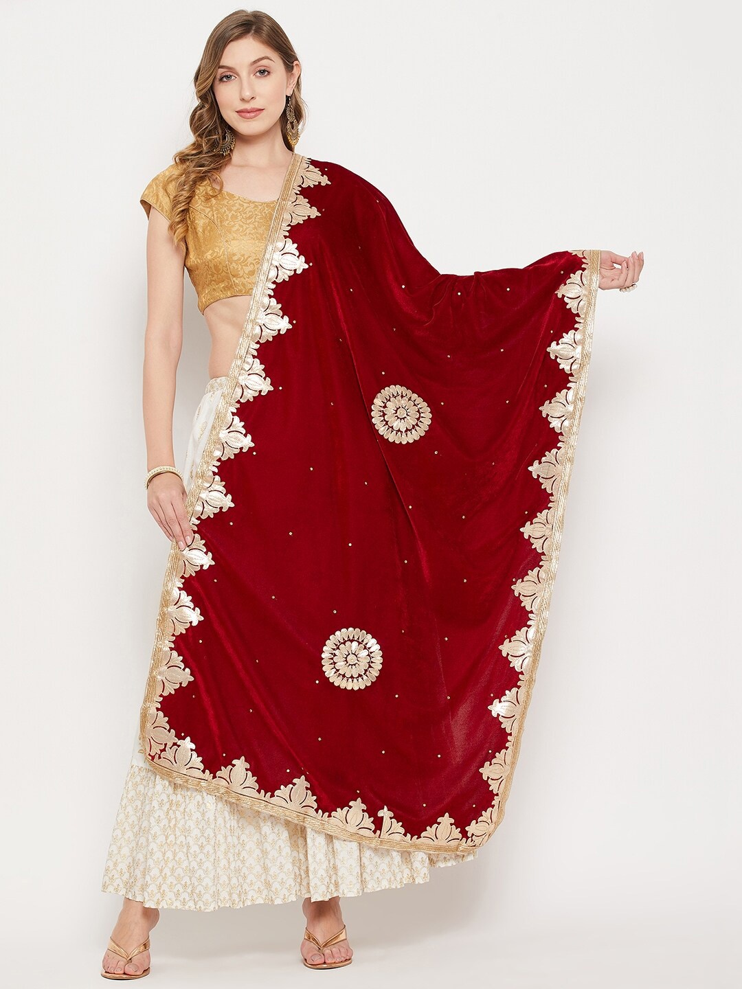 

Clora Creation Embroidered Velvet Dupatta with Gotta Patti, Maroon
