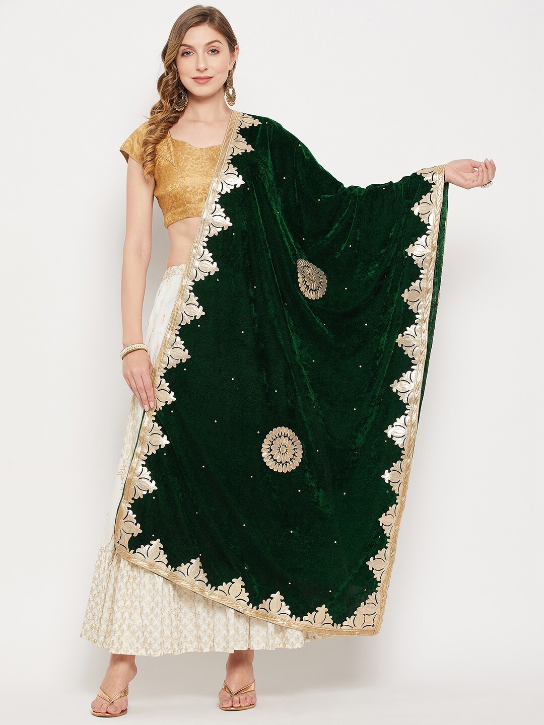 

Clora Creation Embroidered Velvet Dupatta with Gotta Patti, Green