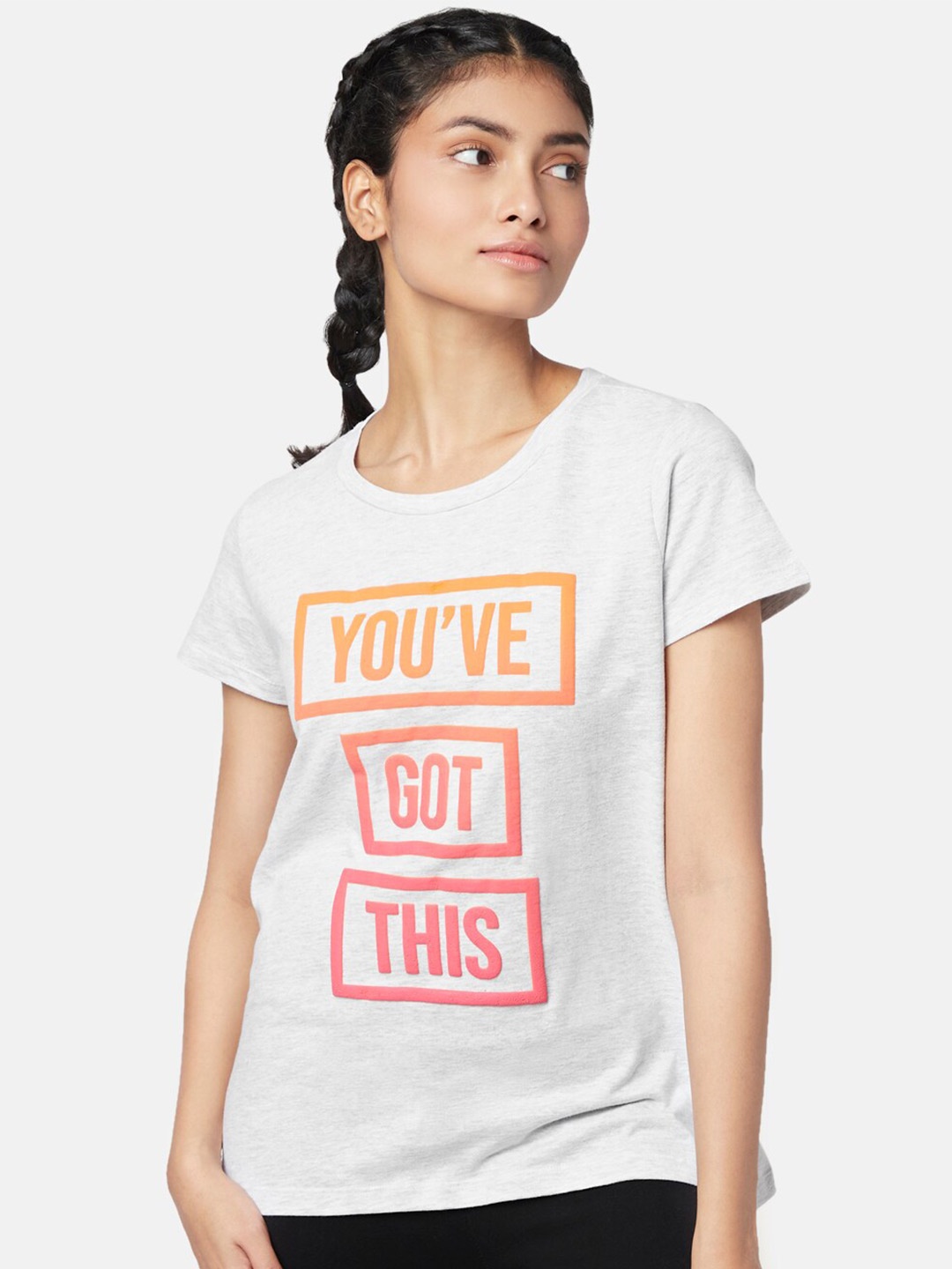 

Ajile by Pantaloons Women Typography Printed Cotton T-shirt, Grey