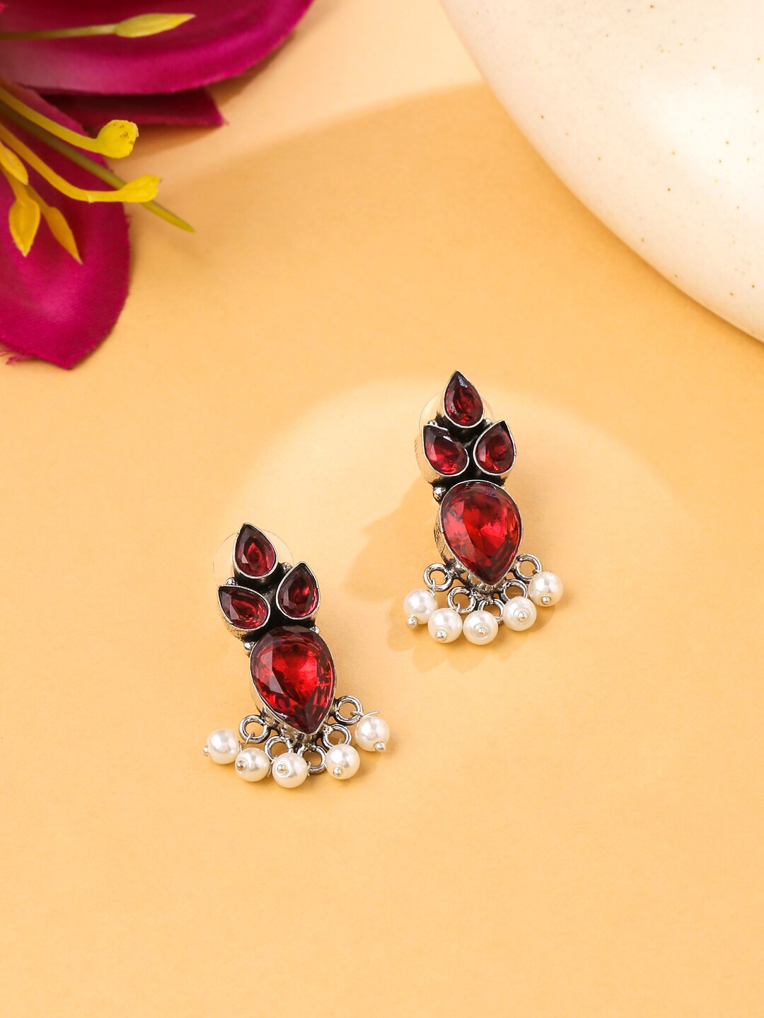 

VIRAASI Silver-Plated Contemporary Drop Earrings, Red