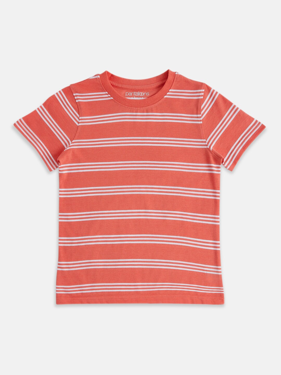 

Pantaloons Junior Boys Striped Round Neck Cotton T-shirt, Coral