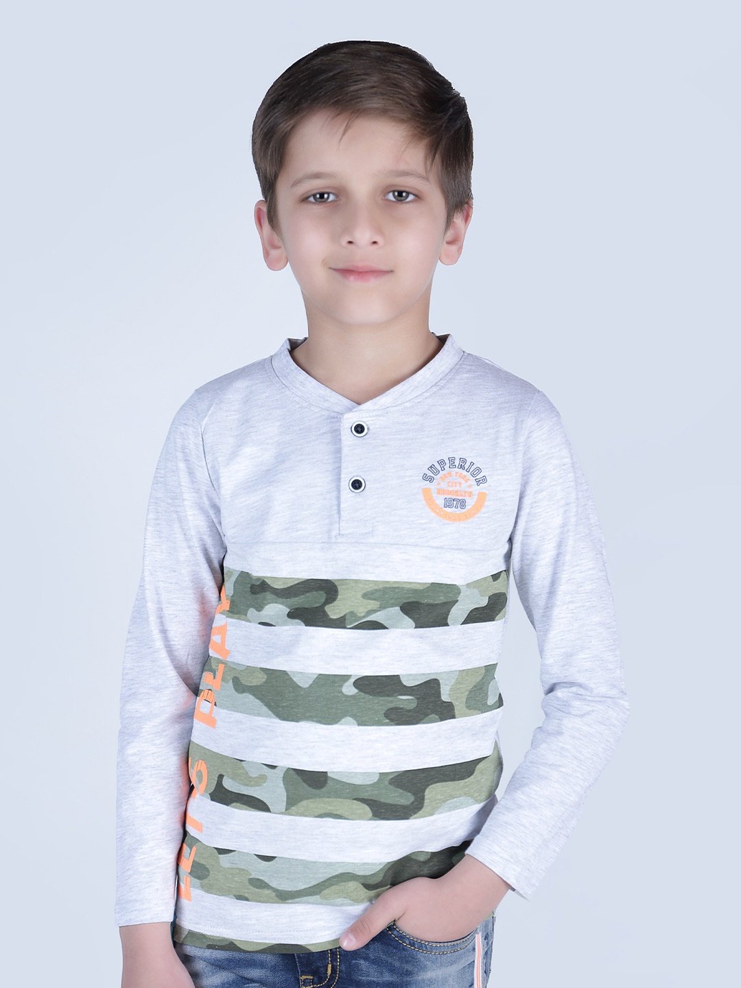 

3PIN Boys Printed Henley Neck Cotton T-shirt, White
