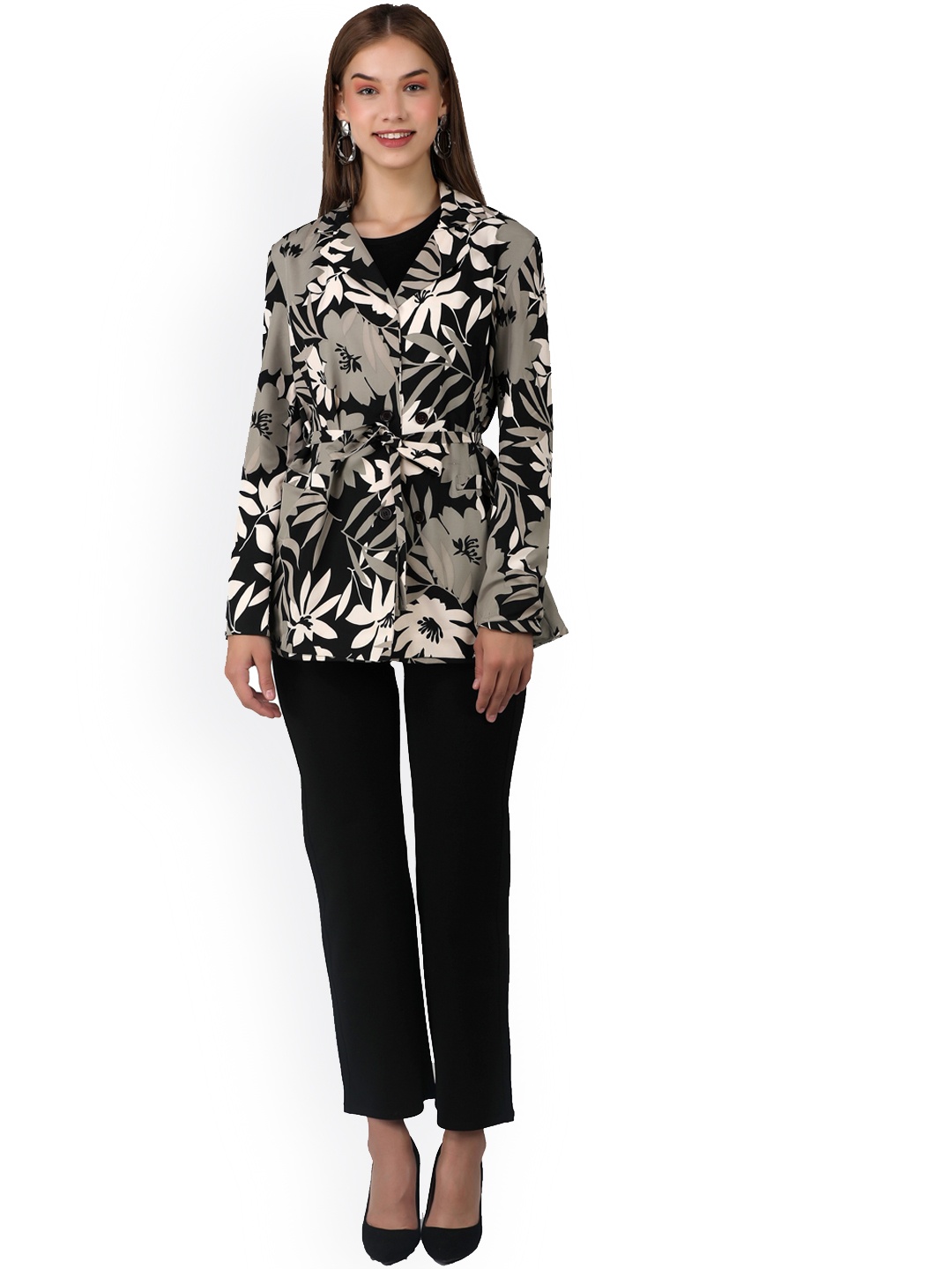 

TSM Women Printed Double-Breasted Casual Blazer, Grey