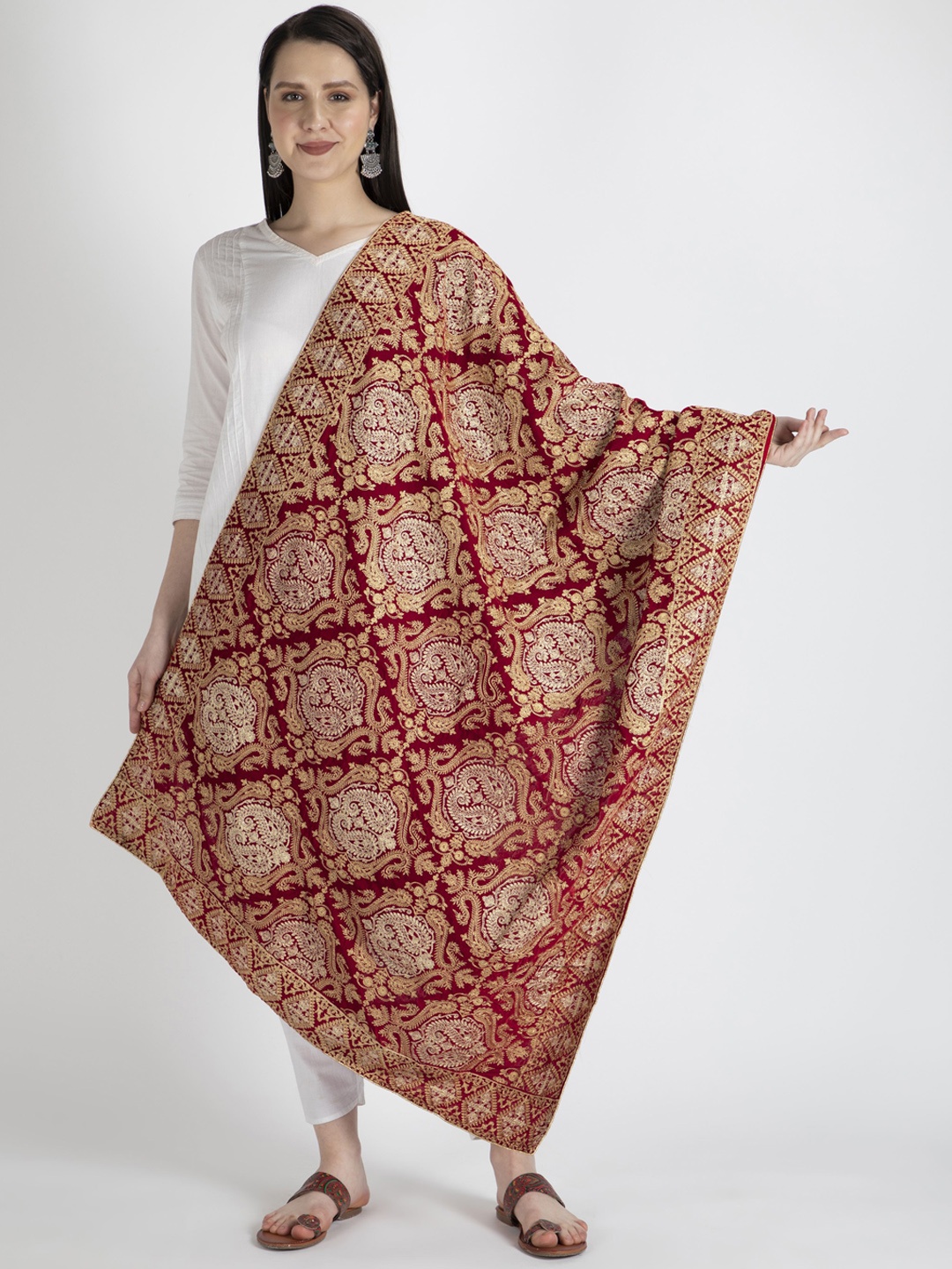 

Moda Chales Women Embroidered Velvet Shawl, Red