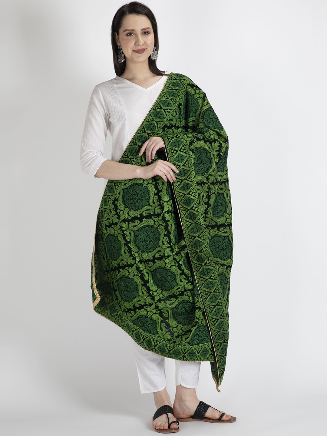 

Moda Chales Women Embroidered Velvet Shawl, Green