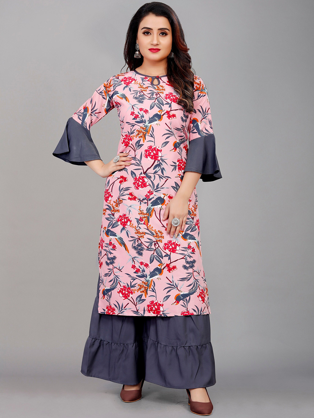 

Fashion FRICKS Women Floral Printed Kurta with Sharara, Pink