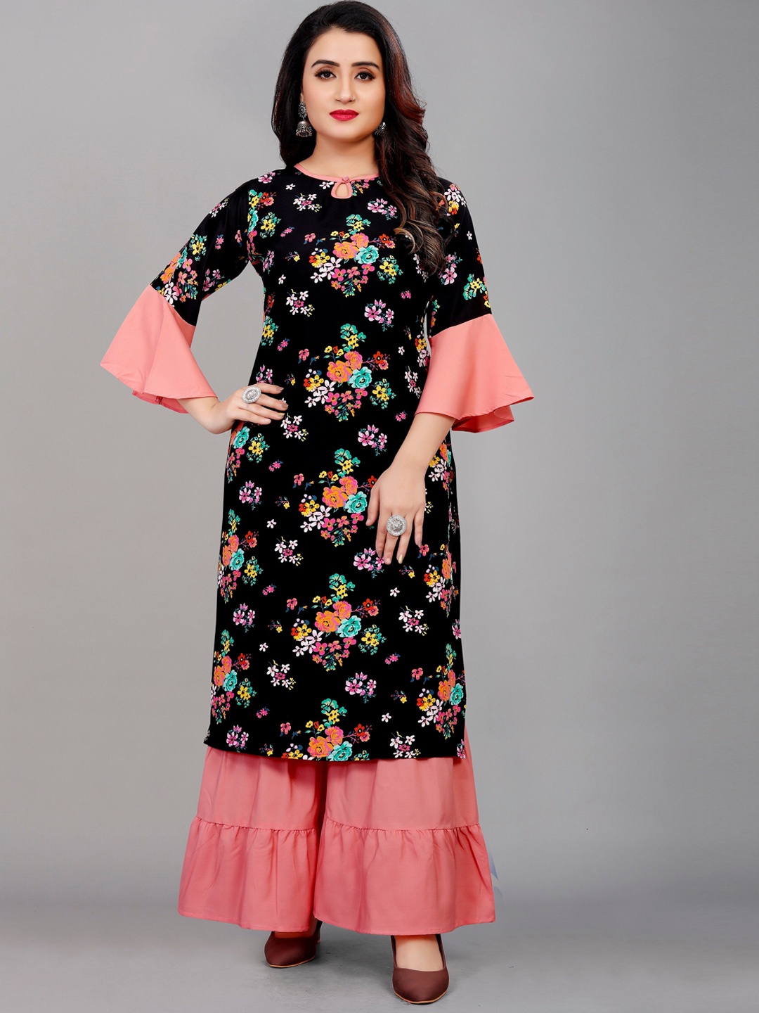 

Fashion FRICKS Women Floral Printed Kurta with Sharara, Black
