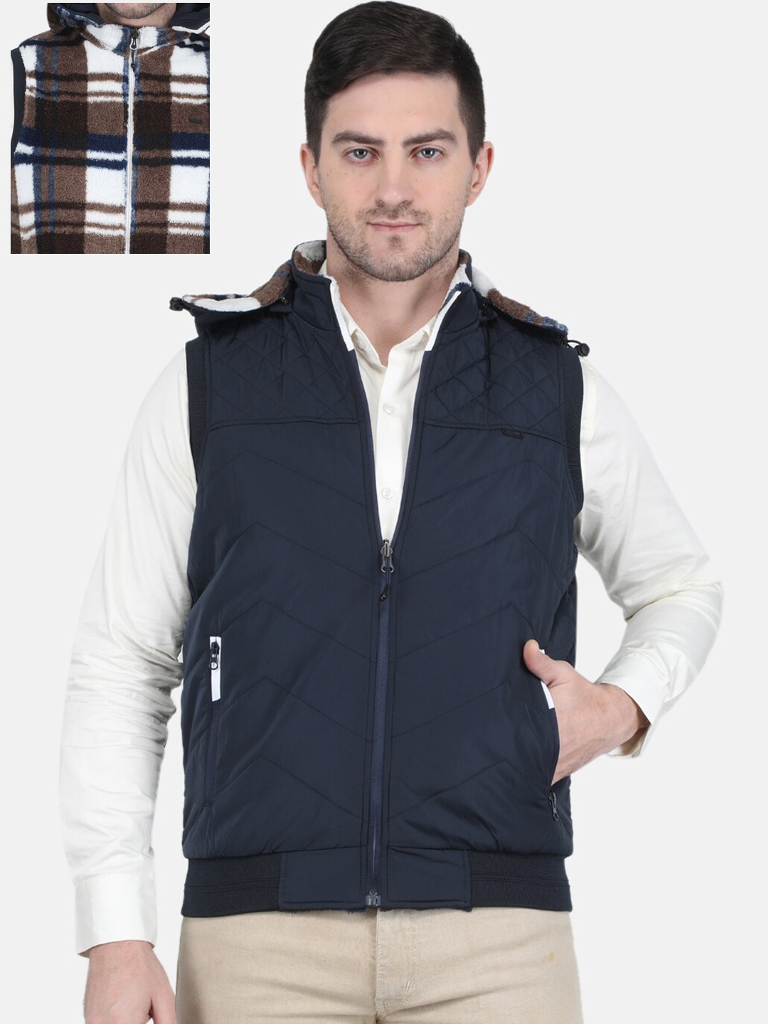 

Monte Carlo Men Checked Reversible Hooded Bomber Jacket, Navy blue