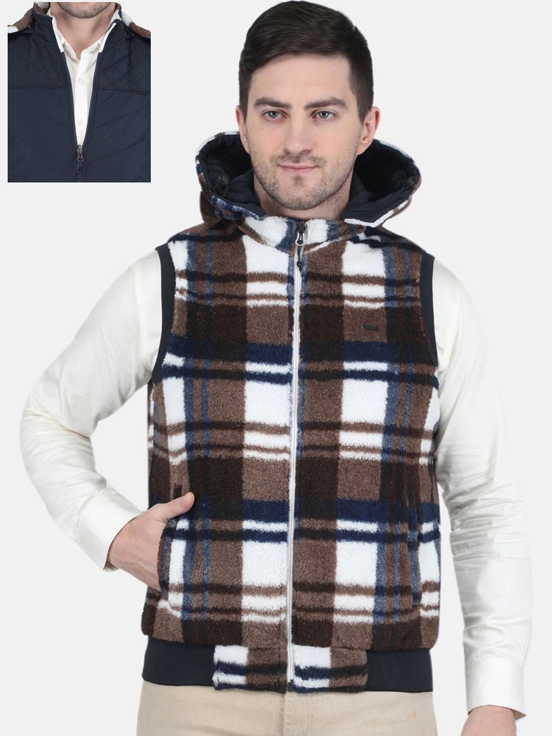 

Monte Carlo Men Checked Reversible Bomber Jacket, Navy blue