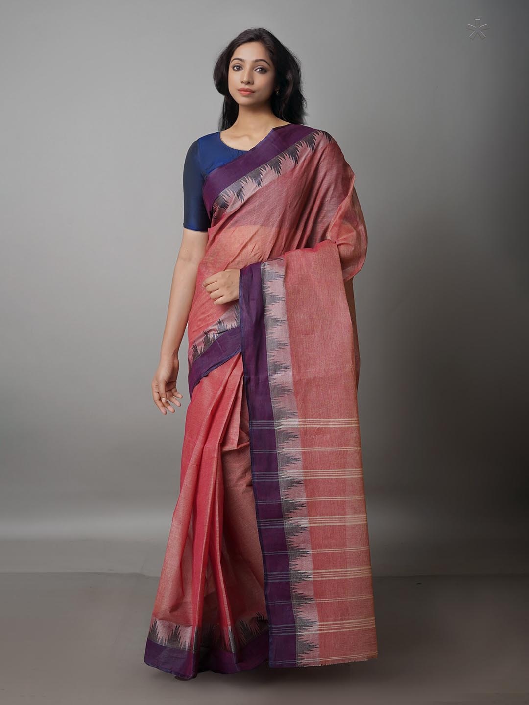 

Unnati Silks Zari Pure Cotton Taant Saree, Coral