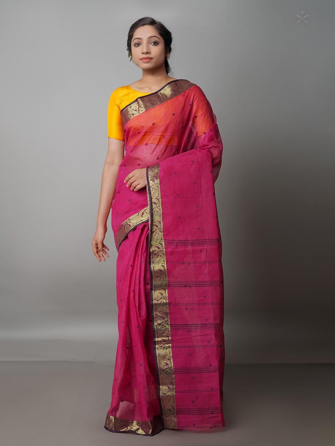 

Unnati Silks Woven Design Zari Pure Cotton Taant Saree, Magenta