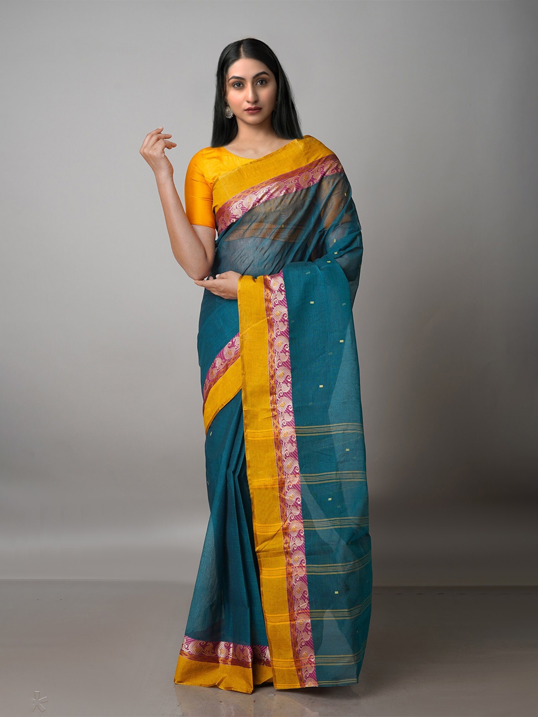 

Unnati Silks Ethnic Motifs Pure Cotton Taant Saree, Blue