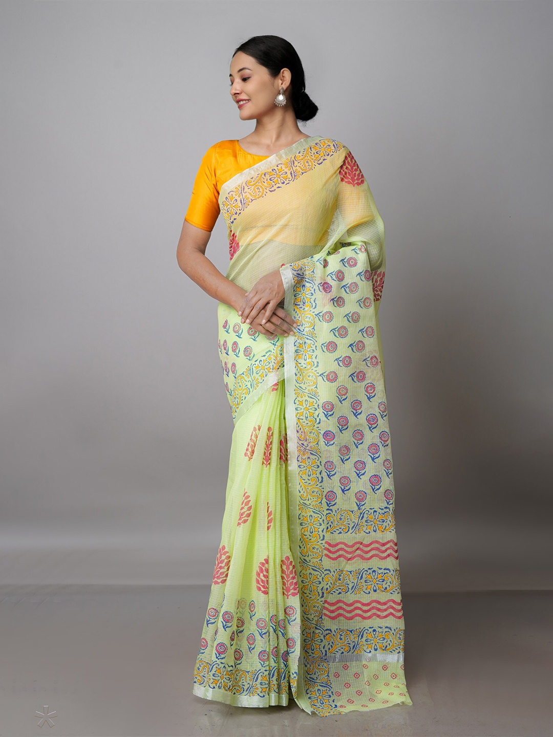 

Unnati Silks Floral Printed Zari Pure Cotton Kota Saree, Lime green