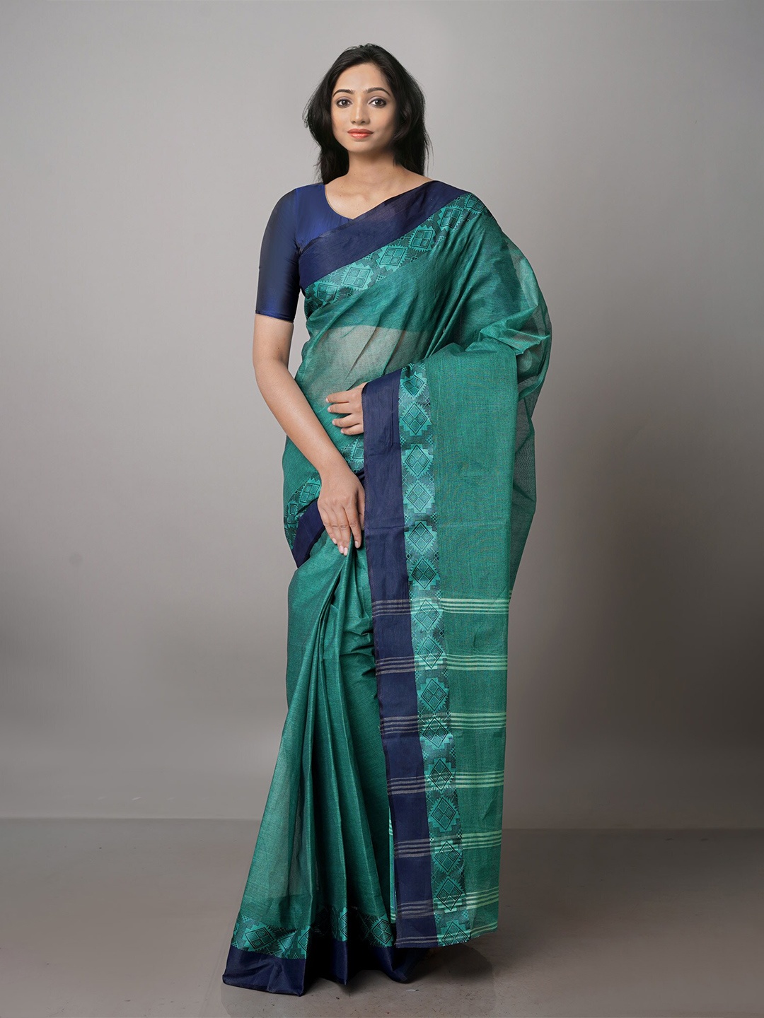 

Unnati Silks Zari Pure Cotton Taant Saree, Teal