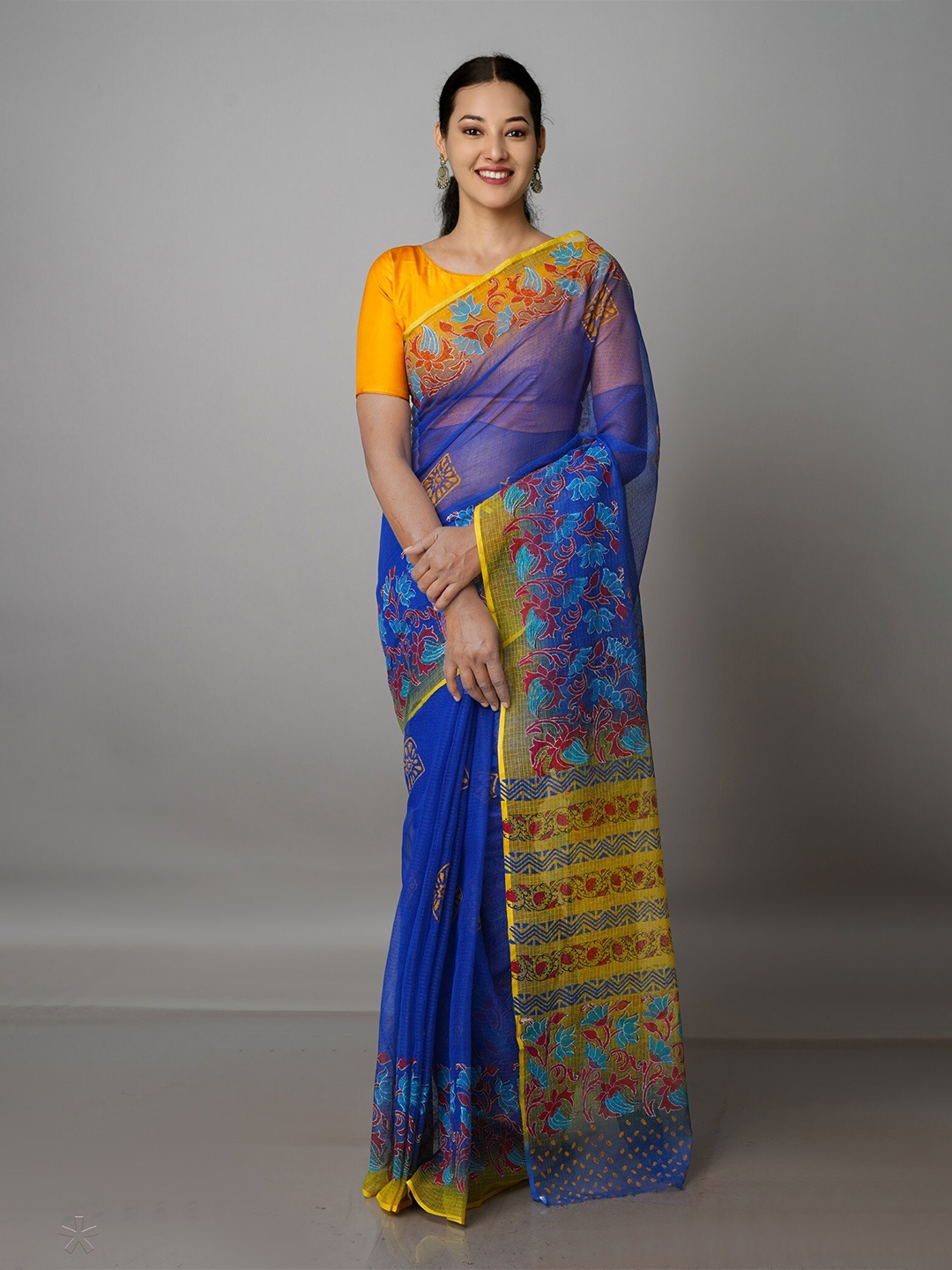 

Unnati Silks Floral Printed Pure Cotton Kota Saree, Navy blue