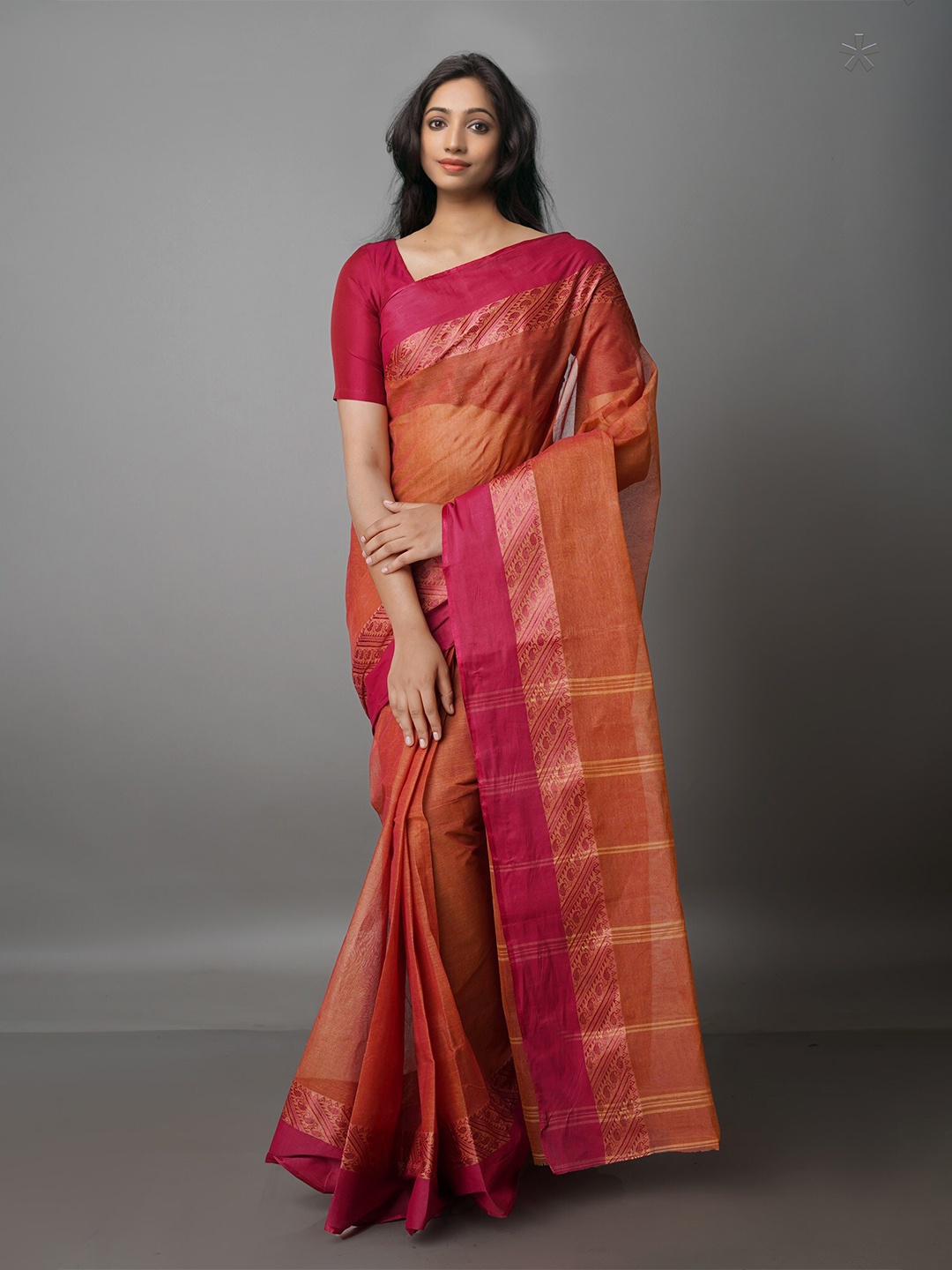 

Unnati Silks Zari Pure Cotton Taant Handloom Saree, Red