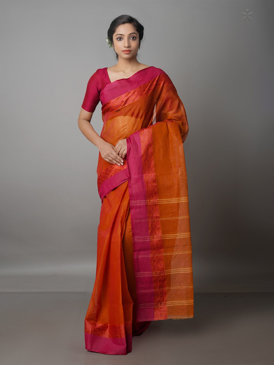 

Unnati Silks Zari Pure Cotton Taant Handloom Saree, Rust