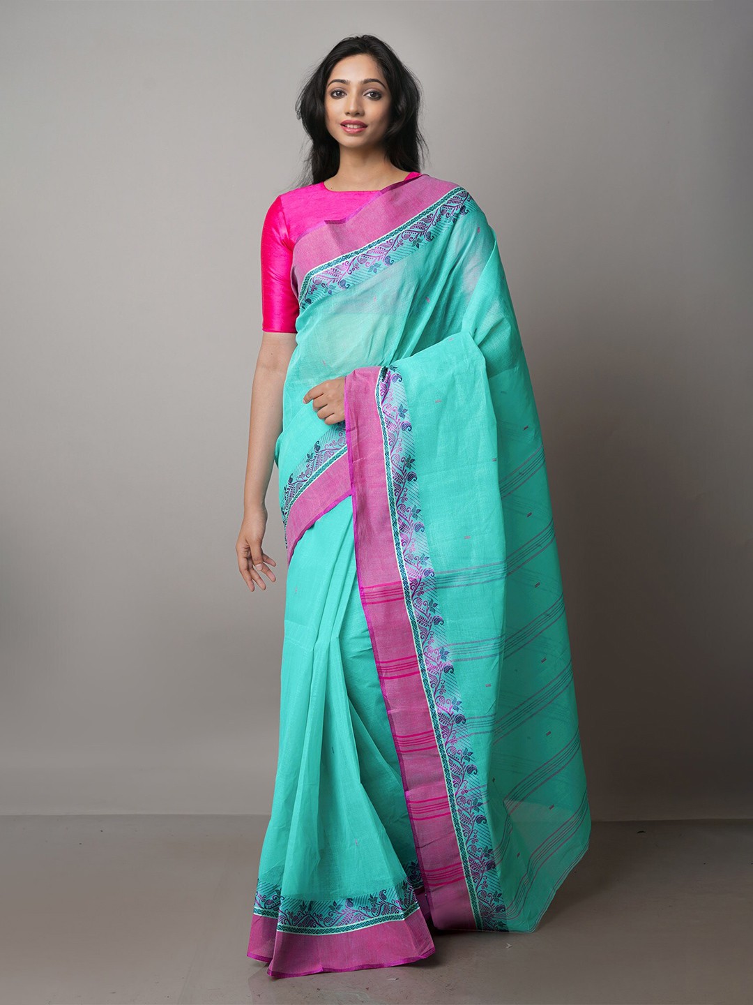

Unnati Silks Ethnic Motifs Pure Cotton Taant Saree, Turquoise blue