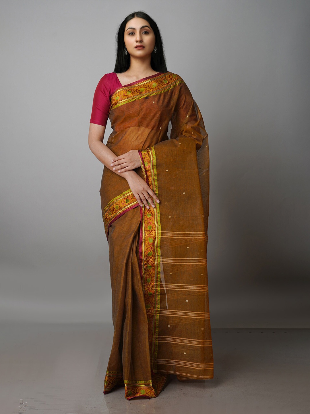 

Unnati Silks Woven Design Pure Cotton Taant Saree, Brown