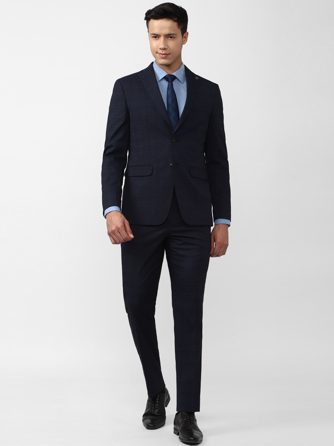 

Peter England Elite Men Checked Single-Breasted Slim-Fit 2-Piece Formal Suit, Navy blue