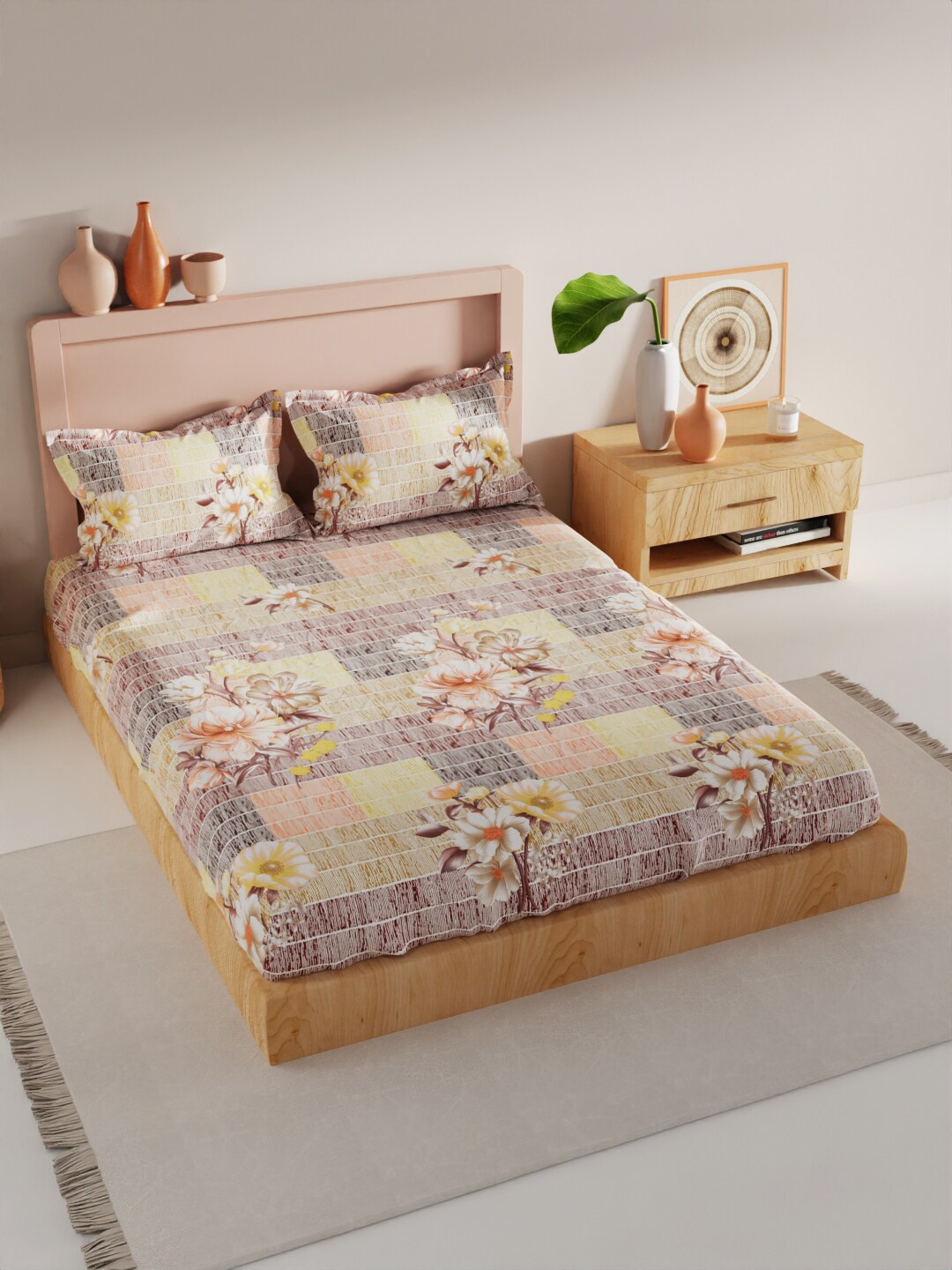 

BIANCA Peach & Yellow Floral Printed 186 TC King Pure Cotton Bedsheet with 2 Pillow Covers