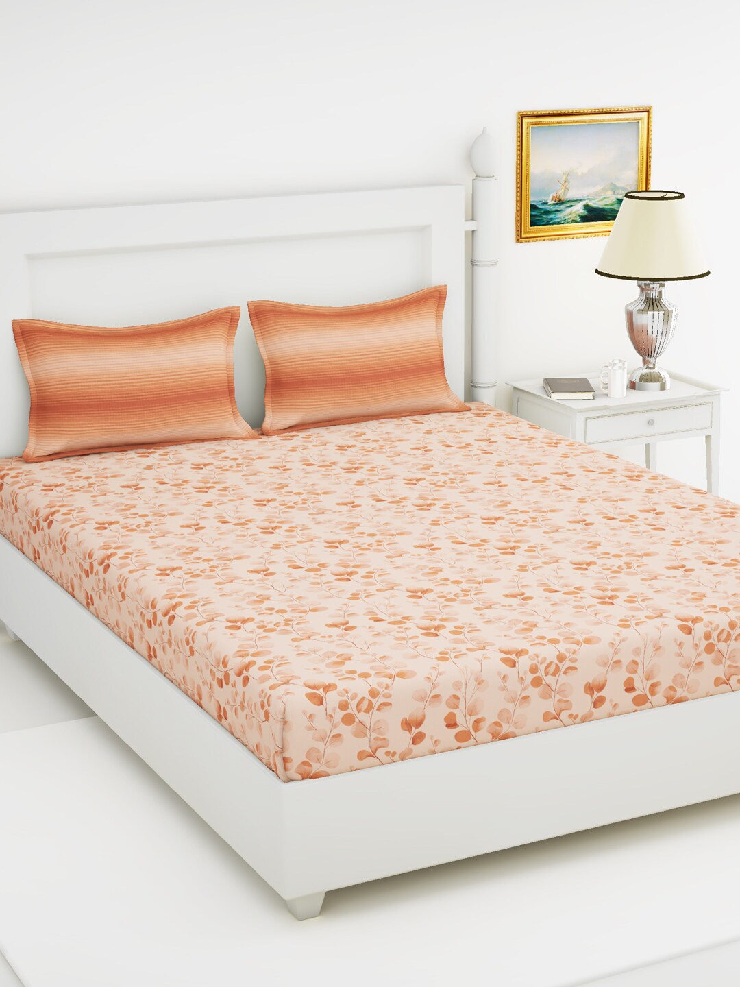 

BIANCA Newyork Floral Printed 144 TC King Pure Cotton Bedsheet with 2 Pillow Covers, Peach